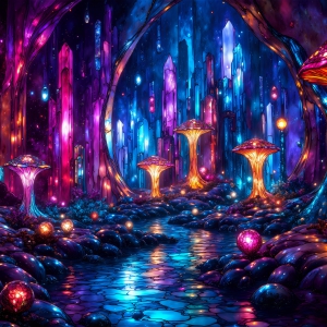 A vibrant and detailed fantasy photograph of an alien planet. Where every element appears meticulously crafted from iridescent stained glass. From a cave system, dominated by towering crystals, giant bioluminescent mushrooms, in all shapes and sizes, that glow in vibrant iridescent colors. A stream of iridescent blue water, flows down the center of the cave from a waterfall, off in the distance. The alien flora, vibrantly colored, attracting alien insects, like nothing you've ever seen. Glow worms hang down from the ceiling, emitting the entire spectrum of the rainbow in colors, they seem to dance and blend as if they are connected. Outside the cave system, the sky shimmers with a breathtaking aurora borealis that fills the sky, creating a cosmic spectacle of galaxies, nebulae, and radiant starlight, in this nighttime landscape.