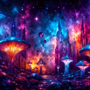 A vibrant and detailed fantasy photograph of an alien planet. Where every element appears meticulously crafted from iridescent stained glass. From a cave system, dominated by towering crystals, giant bioluminescent mushrooms, in all shapes and sizes, that glow in vibrant iridescent colors. A stream of iridescent blue water, flows down the center of the cave from a waterfall, off in the distance. The alien flora, vibrantly colored, attracting alien insects, like nothing you've ever seen. Glow worms hang down from the ceiling, emitting the entire spectrum of the rainbow in colors, they seem to dance and blend as if they are connected. Outside the cave system, the sky shimmers with a breathtaking aurora borealis that fills the sky, creating a cosmic spectacle of galaxies, nebulae, and radiant starlight, in this nighttime landscape.