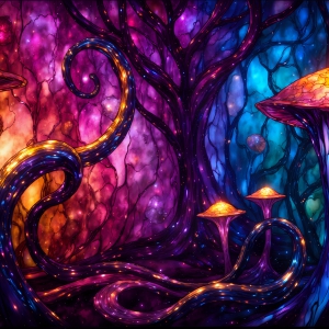 A vibrant and detailed fantasy photograph of an alien planet. Where every element appears meticulously crafted from iridescent stained glass. From a cave system, dominated by towering crystals, giant bioluminescent mushrooms, in all shapes and sizes, that glow in vibrant iridescent colors. A stream of iridescent blue water, flows down the center of the cave from a waterfall, off in the distance. The alien flora, vibrantly colored, attracting alien insects, like nothing you've ever seen. Glow worms hang down from the ceiling, emitting the entire spectrum of the rainbow in colors, they seem to dance and blend as if they are connected. Outside the cave system, the sky shimmers with a breathtaking aurora borealis that fills the sky, creating a cosmic spectacle of galaxies, nebulae, and radiant starlight, in this nighttime landscape.