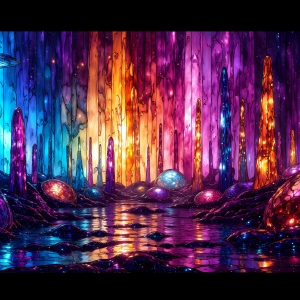 A vibrant and detailed fantasy photograph of an alien planet. Where every element appears meticulously crafted from iridescent stained glass. From a cave system, dominated by towering crystals, giant bioluminescent mushrooms, in all shapes and sizes, that glow in vibrant iridescent colors. A stream of iridescent blue water, flows down the center of the cave from a waterfall, off in the distance. The alien flora, vibrantly colored, attracting alien insects, like nothing you've ever seen. Glow worms hang down from the ceiling, emitting the entire spectrum of the rainbow in colors, they seem to dance and blend as if they are connected. Outside the cave system, the sky shimmers with a breathtaking aurora borealis that fills the sky, creating a cosmic spectacle of galaxies, nebulae, and radiant starlight, in this nighttime landscape.