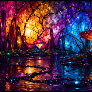 A vibrant and detailed fantasy photograph of an alien planet. Where every element appears meticulously crafted from iridescent stained glass. From a cave system, dominated by towering crystals, giant bioluminescent mushrooms, in all shapes and sizes, that glow in vibrant iridescent colors. A stream of iridescent blue water, flows down the center of the cave from a waterfall, off in the distance. The alien flora, vibrantly colored, attracting alien insects, like nothing you've ever seen. Glow worms hang down from the ceiling, emitting the entire spectrum of the rainbow in colors, they seem to dance and blend as if they are connected. Outside the cave system, the sky shimmers with a breathtaking aurora borealis that fills the sky, creating a cosmic spectacle of galaxies, nebulae, and radiant starlight, in this nighttime landscape.
