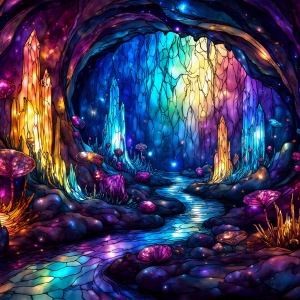 A vibrant and detailed fantasy photograph of an alien planet. Where every element appears meticulously crafted from iridescent stained glass. From a cave system, dominated by towering crystals, giant bioluminescent mushrooms, in all shapes and sizes, that glow in vibrant iridescent colors. A stream of iridescent blue water, flows down the center of the cave from a waterfall, off in the distance. The alien flora, vibrantly colored, attracting alien insects, like nothing you've ever seen. Glow worms hang down from the ceiling, emitting the entire spectrum of the rainbow in colors, they seem to dance and blend as if they are connected. Outside the cave system, the sky shimmers with a breathtaking aurora borealis that fills the sky, creating a cosmic spectacle of galaxies, nebulae, and radiant starlight, in this nighttime landscape.