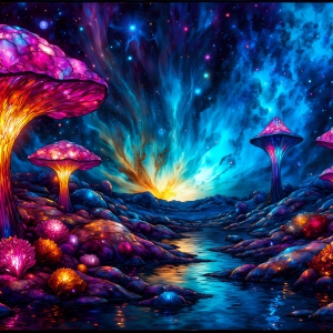 A vibrant and detailed fantasy photograph of an alien planet. Where every element appears meticulously crafted from iridescent stained glass. From a cave system, dominated by towering crystals, giant bioluminescent mushrooms, in all shapes and sizes, that glow in vibrant iridescent colors. A stream of iridescent blue water, flows down the center of the cave from a waterfall, off in the distance. The alien flora, vibrantly colored, attracting alien insects, like nothing you've ever seen. Glow worms hang down from the ceiling, emitting the entire spectrum of the rainbow in colors, they seem to dance and blend as if they are connected. Outside the cave system, the sky shimmers with a breathtaking aurora borealis that fills the sky, creating a cosmic spectacle of galaxies, nebulae, and radiant starlight, in this nighttime landscape.