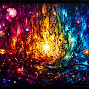 A vibrant and detailed fantasy photograph of an alien planet. Where every element appears meticulously crafted from iridescent stained glass. From a cave system, dominated by towering crystals, giant bioluminescent mushrooms, in all shapes and sizes, that glow in vibrant iridescent colors. A stream of iridescent blue water, flows down the center of the cave from a waterfall, off in the distance. The alien flora, vibrantly colored, attracting alien insects, like nothing you've ever seen. Glow worms hang down from the ceiling, emitting the entire spectrum of the rainbow in colors, they seem to dance and blend as if they are connected. Outside the cave system, the sky shimmers with a breathtaking aurora borealis that fills the sky, creating a cosmic spectacle of galaxies, nebulae, and radiant starlight, in this nighttime landscape.