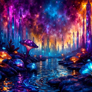 A vibrant and detailed fantasy photograph of an alien planet. Where every element appears meticulously crafted from iridescent stained glass. From a cave system, dominated by towering crystals, giant bioluminescent mushrooms, in all shapes and sizes, that glow in vibrant iridescent colors. A stream of iridescent blue water, flows down the center of the cave from a waterfall, off in the distance. The alien flora, vibrantly colored, attracting alien insects, like nothing you've ever seen. Glow worms hang down from the ceiling, emitting the entire spectrum of the rainbow in colors, they seem to dance and blend as if they are connected. Outside the cave system, the sky shimmers with a breathtaking aurora borealis that fills the sky, creating a cosmic spectacle of galaxies, nebulae, and radiant starlight, in this nighttime landscape.