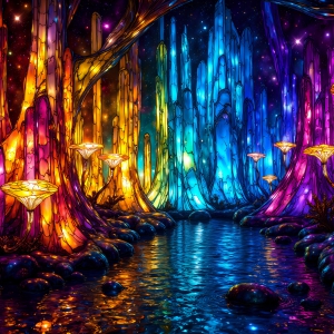 A vibrant and detailed fantasy photograph of an alien planet. Where every element appears meticulously crafted from iridescent stained glass. From a cave system, dominated by towering crystals, giant bioluminescent mushrooms, in all shapes and sizes, that glow in vibrant iridescent colors. A stream of iridescent blue water, flows down the center of the cave from a waterfall, off in the distance. The alien flora, vibrantly colored, attracting alien insects, like nothing you've ever seen. Glow worms hang down from the ceiling, emitting the entire spectrum of the rainbow in colors, they seem to dance and blend as if they are connected. Outside the cave system, the sky shimmers with a breathtaking aurora borealis that fills the sky, creating a cosmic spectacle of galaxies, nebulae, and radiant starlight, in this nighttime landscape.
