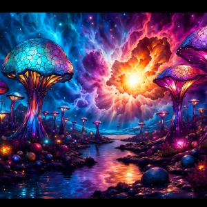 A vibrant and detailed fantasy photograph of an alien planet. Where every element appears meticulously crafted from iridescent stained glass. From a cave system, dominated by towering crystals, giant bioluminescent mushrooms, in all shapes and sizes, that glow in vibrant iridescent colors. A stream of iridescent blue water, flows down the center of the cave from a waterfall, off in the distance. The alien flora, vibrantly colored, attracting alien insects, like nothing you've ever seen. Glow worms hang down from the ceiling, emitting the entire spectrum of the rainbow in colors, they seem to dance and blend as if they are connected. Outside the cave system, the sky shimmers with a breathtaking aurora borealis that fills the sky, creating a cosmic spectacle of galaxies, nebulae, and radiant starlight, in this nighttime landscape.
