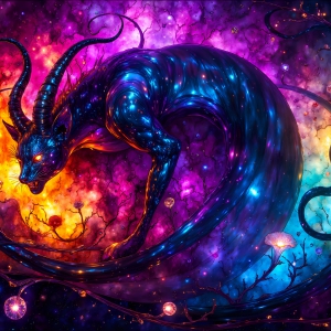 A vibrant and detailed fantasy photograph of an alien planet. Where every element appears meticulously crafted from iridescent stained glass. From a cave system, dominated by towering crystals, giant bioluminescent mushrooms, in all shapes and sizes, that glow in vibrant iridescent colors. A stream of iridescent blue water, flows down the center of the cave from a waterfall, off in the distance. The alien flora, vibrantly colored, attracting alien insects, like nothing you've ever seen. Glow worms hang down from the ceiling, emitting the entire spectrum of the rainbow in colors, they seem to dance and blend as if they are connected. Outside the cave system, the sky shimmers with a breathtaking aurora borealis that fills the sky, creating a cosmic spectacle of galaxies, nebulae, and radiant starlight, in this nighttime landscape.