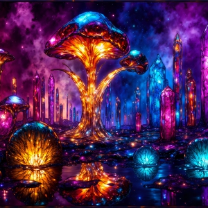 A vibrant and detailed fantasy photograph of an alien planet. Where every element appears meticulously crafted from iridescent stained glass. From a cave system, dominated by towering crystals, giant bioluminescent mushrooms, in all shapes and sizes, that glow in vibrant iridescent colors. A stream of iridescent blue water, flows down the center of the cave from a waterfall, off in the distance. The alien flora, vibrantly colored, attracting alien insects, like nothing you've ever seen. Glow worms hang down from the ceiling, emitting the entire spectrum of the rainbow in colors, they seem to dance and blend as if they are connected. Outside the cave system, the sky shimmers with a breathtaking aurora borealis that fills the sky, creating a cosmic spectacle of galaxies, nebulae, and radiant starlight, in this nighttime landscape.