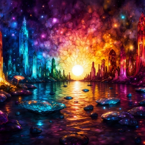 A vibrant and detailed fantasy photograph of an alien planet. Where every element appears meticulously crafted from iridescent stained glass. From a cave system, dominated by towering crystals, giant bioluminescent mushrooms, in all shapes and sizes, that glow in vibrant iridescent colors. A stream of iridescent blue water, flows down the center of the cave from a waterfall, off in the distance. The alien flora, vibrantly colored, attracting alien insects, like nothing you've ever seen. Glow worms hang down from the ceiling, emitting the entire spectrum of the rainbow in colors, they seem to dance and blend as if they are connected. Outside the cave system, the sky shimmers with a breathtaking aurora borealis that fills the sky, creating a cosmic spectacle of galaxies, nebulae, and radiant starlight, in this nighttime landscape.