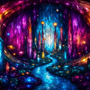 A vibrant and detailed fantasy photograph of an alien planet. Where every element appears meticulously crafted from iridescent stained glass. From a cave system, dominated by towering crystals, giant bioluminescent mushrooms, in all shapes and sizes, that glow in vibrant iridescent colors. A stream of iridescent blue water, flows down the center of the cave from a waterfall, off in the distance. The alien flora, vibrantly colored, attracting alien insects, like nothing you've ever seen. Glow worms hang down from the ceiling, emitting the entire spectrum of the rainbow in colors, they seem to dance and blend as if they are connected. Outside the cave system, the sky shimmers with a breathtaking aurora borealis that fills the sky, creating a cosmic spectacle of galaxies, nebulae, and radiant starlight, in this nighttime landscape.