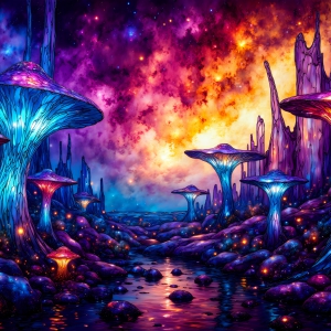 A vibrant and detailed fantasy photograph of an alien planet. Where every element appears meticulously crafted from iridescent stained glass. From a cave system, dominated by towering crystals, giant bioluminescent mushrooms, in all shapes and sizes, that glow in vibrant iridescent colors. A stream of iridescent blue water, flows down the center of the cave from a waterfall, off in the distance. The alien flora, vibrantly colored, attracting alien insects, like nothing you've ever seen. Glow worms hang down from the ceiling, emitting the entire spectrum of the rainbow in colors, they seem to dance and blend as if they are connected. Outside the cave system, the sky shimmers with a breathtaking aurora borealis that fills the sky, creating a cosmic spectacle of galaxies, nebulae, and radiant starlight, in this nighttime landscape.
