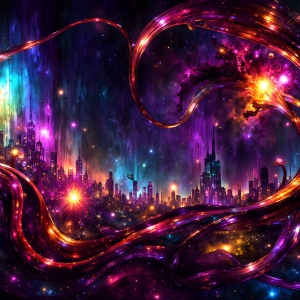 A vibrant and detailed fantasy photograph of an alien planet. Where every element appears meticulously crafted from iridescent stained glass. From a cave system, dominated by towering crystals, giant bioluminescent mushrooms, in all shapes and sizes, that glow in vibrant iridescent colors. A stream of iridescent blue water, flows down the center of the cave from a waterfall, off in the distance. The alien flora, vibrantly colored, attracting alien insects, like nothing you've ever seen. Glow worms hang down from the ceiling, emitting the entire spectrum of the rainbow in colors, they seem to dance and blend as if they are connected. Outside the cave system, the sky shimmers with a breathtaking aurora borealis that fills the sky, creating a cosmic spectacle of galaxies, nebulae, and radiant starlight, in this nighttime landscape.