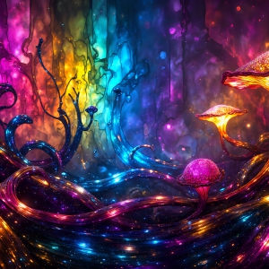 A vibrant and detailed fantasy photograph of an alien planet. Where every element appears meticulously crafted from iridescent stained glass. From a cave system, dominated by towering crystals, giant bioluminescent mushrooms, in all shapes and sizes, that glow in vibrant iridescent colors. A stream of iridescent blue water, flows down the center of the cave from a waterfall, off in the distance. The alien flora, vibrantly colored, attracting alien insects, like nothing you've ever seen. Glow worms hang down from the ceiling, emitting the entire spectrum of the rainbow in colors, they seem to dance and blend as if they are connected. Outside the cave system, the sky shimmers with a breathtaking aurora borealis that fills the sky, creating a cosmic spectacle of galaxies, nebulae, and radiant starlight, in this nighttime landscape.