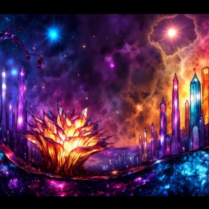 A vibrant and detailed fantasy photograph of an alien planet. Where every element appears meticulously crafted from iridescent stained glass. From a cave system, dominated by towering crystals, giant bioluminescent mushrooms, in all shapes and sizes, that glow in vibrant iridescent colors. A stream of iridescent blue water, flows down the center of the cave from a waterfall, off in the distance. The alien flora, vibrantly colored, attracting alien insects, like nothing you've ever seen. Glow worms hang down from the ceiling, emitting the entire spectrum of the rainbow in colors, they seem to dance and blend as if they are connected. Outside the cave system, the sky shimmers with a breathtaking aurora borealis that fills the sky, creating a cosmic spectacle of galaxies, nebulae, and radiant starlight, in this nighttime landscape.