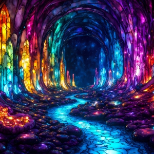 A vibrant and detailed fantasy photograph of an alien planet. Where every element appears meticulously crafted from iridescent stained glass. From a cave system, dominated by towering crystals, giant bioluminescent mushrooms, in all shapes and sizes, that glow in vibrant iridescent colors. A stream of iridescent blue water, flows down the center of the cave from a waterfall, off in the distance. The alien flora, vibrantly colored, attracting alien insects, like nothing you've ever seen. Glow worms hang down from the ceiling, emitting the entire spectrum of the rainbow in colors, they seem to dance and blend as if they are connected. Outside the cave system, the sky shimmers with a breathtaking aurora borealis that fills the sky, creating a cosmic spectacle of galaxies, nebulae, and radiant starlight, in this nighttime landscape.