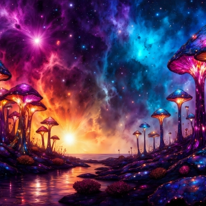 A vibrant and detailed fantasy photograph of an alien planet. Where every element appears meticulously crafted from iridescent stained glass. From a cave system, dominated by towering crystals, giant bioluminescent mushrooms, in all shapes and sizes, that glow in vibrant iridescent colors. A stream of iridescent blue water, flows down the center of the cave from a waterfall, off in the distance. The alien flora, vibrantly colored, attracting alien insects, like nothing you've ever seen. Glow worms hang down from the ceiling, emitting the entire spectrum of the rainbow in colors, they seem to dance and blend as if they are connected. Outside the cave system, the sky shimmers with a breathtaking aurora borealis that fills the sky, creating a cosmic spectacle of galaxies, nebulae, and radiant starlight, in this nighttime landscape.