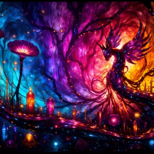 A vibrant and detailed fantasy photograph of an alien planet. Where every element appears meticulously crafted from iridescent stained glass. From a cave system, dominated by towering crystals, giant bioluminescent mushrooms, in all shapes and sizes, that glow in vibrant iridescent colors. A stream of iridescent blue water, flows down the center of the cave from a waterfall, off in the distance. The alien flora, vibrantly colored, attracting alien insects, like nothing you've ever seen. Glow worms hang down from the ceiling, emitting the entire spectrum of the rainbow in colors, they seem to dance and blend as if they are connected. Outside the cave system, the sky shimmers with a breathtaking aurora borealis that fills the sky, creating a cosmic spectacle of galaxies, nebulae, and radiant starlight, in this nighttime landscape.