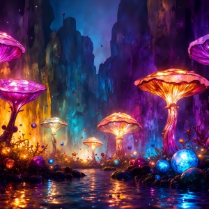 A vibrant and detailed fantasy photograph of an alien planet. Where every element appears meticulously crafted from iridescent stained glass. From a cave system, dominated by towering crystals, giant bioluminescent mushrooms, in all shapes and sizes, that glow in vibrant iridescent colors. A stream of iridescent blue water, flows down the center of the cave from a waterfall, off in the distance. The alien flora, vibrantly colored, attracting alien insects, like nothing you've ever seen. Glow worms hang down from the ceiling, emitting the entire spectrum of the rainbow in colors, they seem to dance and blend as if they are connected. Outside the cave system, the sky shimmers with a breathtaking aurora borealis that fills the sky, creating a cosmic spectacle of galaxies, nebulae, and radiant starlight, in this nighttime landscape.