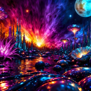 A vibrant and detailed fantasy photograph of an alien planet. Where every element appears meticulously crafted from iridescent stained glass. From a cave system, dominated by towering crystals, giant bioluminescent mushrooms, in all shapes and sizes, that glow in vibrant iridescent colors. A stream of iridescent blue water, flows down the center of the cave from a waterfall, off in the distance. The alien flora, vibrantly colored, attracting alien insects, like nothing you've ever seen. Glow worms hang down from the ceiling, emitting the entire spectrum of the rainbow in colors, they seem to dance and blend as if they are connected. Outside the cave system, the sky shimmers with a breathtaking aurora borealis that fills the sky, creating a cosmic spectacle of galaxies, nebulae, and radiant starlight, in this nighttime landscape.