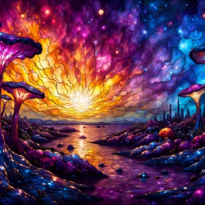 A vibrant and detailed fantasy photograph of an alien planet. Where every element appears meticulously crafted from iridescent stained glass. From a cave system, dominated by towering crystals, giant bioluminescent mushrooms, in all shapes and sizes, that glow in vibrant iridescent colors. A stream of iridescent blue water, flows down the center of the cave from a waterfall, off in the distance. The alien flora, vibrantly colored, attracting alien insects, like nothing you've ever seen. Glow worms hang down from the ceiling, emitting the entire spectrum of the rainbow in colors, they seem to dance and blend as if they are connected. Outside the cave system, the sky shimmers with a breathtaking aurora borealis that fills the sky, creating a cosmic spectacle of galaxies, nebulae, and radiant starlight, in this nighttime landscape.