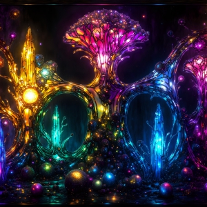 A vibrant and detailed fantasy photograph of an alien planet. Where every element appears meticulously crafted from iridescent stained glass. From a cave system, dominated by towering crystals, giant bioluminescent mushrooms, in all shapes and sizes, that glow in vibrant iridescent colors. A stream of iridescent blue water, flows down the center of the cave from a waterfall, off in the distance. The alien flora, vibrantly colored, attracting alien insects, like nothing you've ever seen. Glow worms hang down from the ceiling, emitting the entire spectrum of the rainbow in colors, they seem to dance and blend as if they are connected. Outside the cave system, the sky shimmers with a breathtaking aurora borealis that fills the sky, creating a cosmic spectacle of galaxies, nebulae, and radiant starlight, in this nighttime landscape.