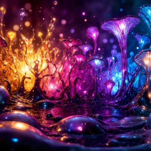 A vibrant and detailed fantasy photograph of an alien planet. Where every element appears meticulously crafted from iridescent stained glass. From a cave system, dominated by towering crystals, giant bioluminescent mushrooms, in all shapes and sizes, that glow in vibrant iridescent colors. A stream of iridescent blue water, flows down the center of the cave from a waterfall, off in the distance. The alien flora, vibrantly colored, attracting alien insects, like nothing you've ever seen. Glow worms hang down from the ceiling, emitting the entire spectrum of the rainbow in colors, they seem to dance and blend as if they are connected. Outside the cave system, the sky shimmers with a breathtaking aurora borealis that fills the sky, creating a cosmic spectacle of galaxies, nebulae, and radiant starlight, in this nighttime landscape.