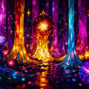 A vibrant and detailed fantasy photograph of an alien planet. Where every element appears meticulously crafted from iridescent stained glass. From a cave system, dominated by towering crystals, giant bioluminescent mushrooms, in all shapes and sizes, that glow in vibrant iridescent colors. A stream of iridescent blue water, flows down the center of the cave from a waterfall, off in the distance. The alien flora, vibrantly colored, attracting alien insects, like nothing you've ever seen. Glow worms hang down from the ceiling, emitting the entire spectrum of the rainbow in colors, they seem to dance and blend as if they are connected. Outside the cave system, the sky shimmers with a breathtaking aurora borealis that fills the sky, creating a cosmic spectacle of galaxies, nebulae, and radiant starlight, in this nighttime landscape.