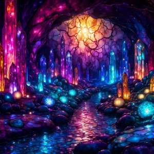 A vibrant and detailed fantasy photograph of an alien planet. Where every element appears meticulously crafted from iridescent stained glass. From a cave system, dominated by towering crystals, giant bioluminescent mushrooms, in all shapes and sizes, that glow in vibrant iridescent colors. A stream of iridescent blue water, flows down the center of the cave from a waterfall, off in the distance. The alien flora, vibrantly colored, attracting alien insects, like nothing you've ever seen. Glow worms hang down from the ceiling, emitting the entire spectrum of the rainbow in colors, they seem to dance and blend as if they are connected. Outside the cave system, the sky shimmers with a breathtaking aurora borealis that fills the sky, creating a cosmic spectacle of galaxies, nebulae, and radiant starlight, in this nighttime landscape.