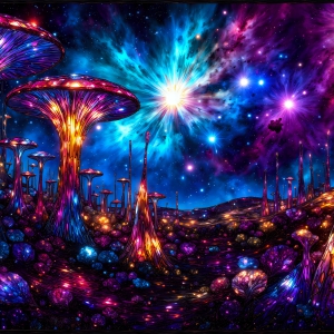 A vibrant and detailed fantasy photograph of an alien planet. Where every element appears meticulously crafted from iridescent stained glass. From a cave system, dominated by towering crystals, giant bioluminescent mushrooms, in all shapes and sizes, that glow in vibrant iridescent colors. A stream of iridescent blue water, flows down the center of the cave from a waterfall, off in the distance. The alien flora, vibrantly colored, attracting alien insects, like nothing you've ever seen. Glow worms hang down from the ceiling, emitting the entire spectrum of the rainbow in colors, they seem to dance and blend as if they are connected. Outside the cave system, the sky shimmers with a breathtaking aurora borealis that fills the sky, creating a cosmic spectacle of galaxies, nebulae, and radiant starlight, in this nighttime landscape.
