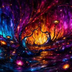 A vibrant and detailed fantasy photograph of an alien planet. Where every element appears meticulously crafted from iridescent stained glass. From a cave system, dominated by towering crystals, giant bioluminescent mushrooms, in all shapes and sizes, that glow in vibrant iridescent colors. A stream of iridescent blue water, flows down the center of the cave from a waterfall, off in the distance. The alien flora, vibrantly colored, attracting alien insects, like nothing you've ever seen. Glow worms hang down from the ceiling, emitting the entire spectrum of the rainbow in colors, they seem to dance and blend as if they are connected. Outside the cave system, the sky shimmers with a breathtaking aurora borealis that fills the sky, creating a cosmic spectacle of galaxies, nebulae, and radiant starlight, in this nighttime landscape.