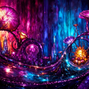 A vibrant and detailed fantasy photograph of an alien planet. Where every element appears meticulously crafted from iridescent stained glass. From a cave system, dominated by towering crystals, giant bioluminescent mushrooms, in all shapes and sizes, that glow in vibrant iridescent colors. A stream of iridescent blue water, flows down the center of the cave from a waterfall, off in the distance. The alien flora, vibrantly colored, attracting alien insects, like nothing you've ever seen. Glow worms hang down from the ceiling, emitting the entire spectrum of the rainbow in colors, they seem to dance and blend as if they are connected. Outside the cave system, the sky shimmers with a breathtaking aurora borealis that fills the sky, creating a cosmic spectacle of galaxies, nebulae, and radiant starlight, in this nighttime landscape.