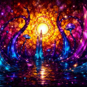 A vibrant and detailed fantasy photograph of an alien planet. Where every element appears meticulously crafted from iridescent stained glass. From a cave system, dominated by towering crystals, giant bioluminescent mushrooms, in all shapes and sizes, that glow in vibrant iridescent colors. A stream of iridescent blue water, flows down the center of the cave from a waterfall, off in the distance. The alien flora, vibrantly colored, attracting alien insects, like nothing you've ever seen. Glow worms hang down from the ceiling, emitting the entire spectrum of the rainbow in colors, they seem to dance and blend as if they are connected. Outside the cave system, the sky shimmers with a breathtaking aurora borealis that fills the sky, creating a cosmic spectacle of galaxies, nebulae, and radiant starlight, in this nighttime landscape.