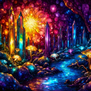 A vibrant and detailed fantasy photograph of an alien planet. Where every element appears meticulously crafted from iridescent stained glass. From a cave system, dominated by towering crystals, giant bioluminescent mushrooms, in all shapes and sizes, that glow in vibrant iridescent colors. A stream of iridescent blue water, flows down the center of the cave from a waterfall, off in the distance. The alien flora, vibrantly colored, attracting alien insects, like nothing you've ever seen. Glow worms hang down from the ceiling, emitting the entire spectrum of the rainbow in colors, they seem to dance and blend as if they are connected. Outside the cave system, the sky shimmers with a breathtaking aurora borealis that fills the sky, creating a cosmic spectacle of galaxies, nebulae, and radiant starlight, in this nighttime landscape.