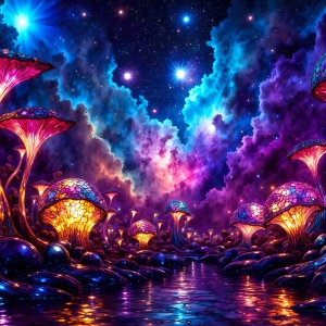A vibrant and detailed fantasy photograph of an alien planet. Where every element appears meticulously crafted from iridescent stained glass. From a cave system, dominated by towering crystals, giant bioluminescent mushrooms, in all shapes and sizes, that glow in vibrant iridescent colors. A stream of iridescent blue water, flows down the center of the cave from a waterfall, off in the distance. The alien flora, vibrantly colored, attracting alien insects, like nothing you've ever seen. Glow worms hang down from the ceiling, emitting the entire spectrum of the rainbow in colors, they seem to dance and blend as if they are connected. Outside the cave system, the sky shimmers with a breathtaking aurora borealis that fills the sky, creating a cosmic spectacle of galaxies, nebulae, and radiant starlight, in this nighttime landscape.