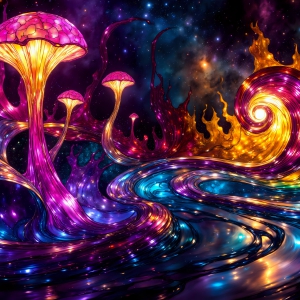 A vibrant and detailed fantasy photograph of an alien planet. Where every element appears meticulously crafted from iridescent stained glass. From a cave system, dominated by towering crystals, giant bioluminescent mushrooms, in all shapes and sizes, that glow in vibrant iridescent colors. A stream of iridescent blue water, flows down the center of the cave from a waterfall, off in the distance. The alien flora, vibrantly colored, attracting alien insects, like nothing you've ever seen. Glow worms hang down from the ceiling, emitting the entire spectrum of the rainbow in colors, they seem to dance and blend as if they are connected. Outside the cave system, the sky shimmers with a breathtaking aurora borealis that fills the sky, creating a cosmic spectacle of galaxies, nebulae, and radiant starlight, in this nighttime landscape.