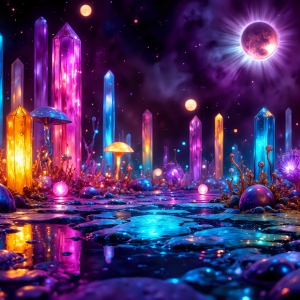 A vibrant and detailed fantasy photograph of an alien planet. Where every element appears meticulously crafted from iridescent stained glass. From a cave system, dominated by towering crystals, giant bioluminescent mushrooms, in all shapes and sizes, that glow in vibrant iridescent colors. A stream of iridescent blue water, flows down the center of the cave from a waterfall, off in the distance. The alien flora, vibrantly colored, attracting alien insects, like nothing you've ever seen. Glow worms hang down from the ceiling, emitting the entire spectrum of the rainbow in colors, they seem to dance and blend as if they are connected. Outside the cave system, the sky shimmers with a breathtaking aurora borealis that fills the sky, creating a cosmic spectacle of galaxies, nebulae, and radiant starlight, in this nighttime landscape.