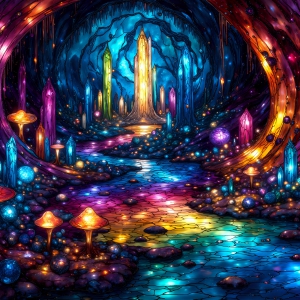 A vibrant and detailed fantasy photograph of an alien planet. Where every element appears meticulously crafted from iridescent stained glass. From a cave system, dominated by towering crystals, giant bioluminescent mushrooms, in all shapes and sizes, that glow in vibrant iridescent colors. A stream of iridescent blue water, flows down the center of the cave from a waterfall, off in the distance. The alien flora, vibrantly colored, attracting alien insects, like nothing you've ever seen. Glow worms hang down from the ceiling, emitting the entire spectrum of the rainbow in colors, they seem to dance and blend as if they are connected. Outside the cave system, the sky shimmers with a breathtaking aurora borealis that fills the sky, creating a cosmic spectacle of galaxies, nebulae, and radiant starlight, in this nighttime landscape.