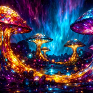 A vibrant and detailed fantasy photograph of an alien planet. Where every element appears meticulously crafted from iridescent stained glass. From a cave system, dominated by towering crystals, giant bioluminescent mushrooms, in all shapes and sizes, that glow in vibrant iridescent colors. A stream of iridescent blue water, flows down the center of the cave from a waterfall, off in the distance. The alien flora, vibrantly colored, attracting alien insects, like nothing you've ever seen. Glow worms hang down from the ceiling, emitting the entire spectrum of the rainbow in colors, they seem to dance and blend as if they are connected. Outside the cave system, the sky shimmers with a breathtaking aurora borealis that fills the sky, creating a cosmic spectacle of galaxies, nebulae, and radiant starlight, in this nighttime landscape.