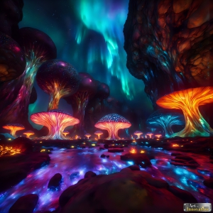 A vibrant and detailed fantasy photograph of an alien planet. Where every element appears meticulously crafted from iridescent stained glass. From a cave system, dominated by towering crystals, giant bioluminescent mushrooms, in all shapes and sizes, that glow in vibrant iridescent colors. A stream of iridescent blue water, flows down the center of the cave from a waterfall, off in the distance. The alien flora, vibrantly colored, attracting alien insects, like nothing you've ever seen. Glow worms hang down from the ceiling, emitting the entire spectrum of the rainbow in colors, they seem to dance and blend as if they are connected. Outside the cave system, the sky shimmers with a breathtaking aurora borealis that fills the sky, creating a cosmic spectacle of galaxies, nebulae, and radiant starlight, in this nighttime landscape.