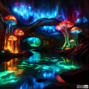 A vibrant and detailed fantasy photograph of an alien planet. Where every element appears meticulously crafted from iridescent stained glass. From a cave system, dominated by towering crystals, giant bioluminescent mushrooms, in all shapes and sizes, that glow in vibrant iridescent colors. A stream of iridescent blue water, flows down the center of the cave from a waterfall, off in the distance. The alien flora, vibrantly colored, attracting alien insects, like nothing you've ever seen. Glow worms hang down from the ceiling, emitting the entire spectrum of the rainbow in colors, they seem to dance and blend as if they are connected. Outside the cave system, the sky shimmers with a breathtaking aurora borealis that fills the sky, creating a cosmic spectacle of galaxies, nebulae, and radiant starlight, in this nighttime landscape.