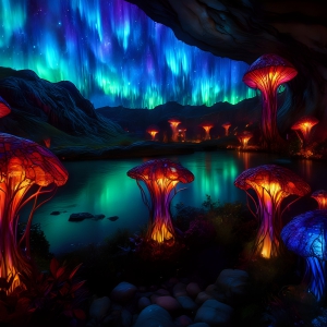 A vibrant and detailed fantasy photograph of an alien planet. Where every element appears meticulously crafted from iridescent stained glass. From a cave system, dominated by towering crystals, giant bioluminescent mushrooms, in all shapes and sizes, that glow in vibrant iridescent colors. A stream of iridescent blue water, flows down the center of the cave from a waterfall, off in the distance. The alien flora, vibrantly colored, attracting alien insects, like nothing you've ever seen. Glow worms hang down from the ceiling, emitting the entire spectrum of the rainbow in colors, they seem to dance and blend as if they are connected. Outside the cave system, the sky shimmers with a breathtaking aurora borealis that fills the sky, creating a cosmic spectacle of galaxies, nebulae, and radiant starlight, in this nighttime landscape.
