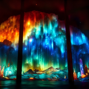 A vibrant and detailed fantasy photograph of an alien planet. Where every element appears meticulously crafted from iridescent stained glass. From a cave system, dominated by towering crystals, giant bioluminescent mushrooms, in all shapes and sizes, that glow in vibrant iridescent colors. A stream of iridescent blue water, flows down the center of the cave from a waterfall, off in the distance. The alien flora, vibrantly colored, attracting alien insects, like nothing you've ever seen. Glow worms hang down from the ceiling, emitting the entire spectrum of the rainbow in colors, they seem to dance and blend as if they are connected. Outside the cave system, the sky shimmers with a breathtaking aurora borealis that fills the sky, creating a cosmic spectacle of galaxies, nebulae, and radiant starlight, in this nighttime landscape.