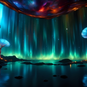 A vibrant and detailed fantasy photograph of an alien planet. Where every element appears meticulously crafted from iridescent stained glass. From a cave system, dominated by towering crystals, giant bioluminescent mushrooms, in all shapes and sizes, that glow in vibrant iridescent colors. A stream of iridescent blue water, flows down the center of the cave from a waterfall, off in the distance. The alien flora, vibrantly colored, attracting alien insects, like nothing you've ever seen. Glow worms hang down from the ceiling, emitting the entire spectrum of the rainbow in colors, they seem to dance and blend as if they are connected. Outside the cave system, the sky shimmers with a breathtaking aurora borealis that fills the sky, creating a cosmic spectacle of galaxies, nebulae, and radiant starlight, in this nighttime landscape.