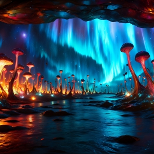 A vibrant and detailed fantasy photograph of an alien planet. Where every element appears meticulously crafted from iridescent stained glass. From a cave system, dominated by towering crystals, giant bioluminescent mushrooms, in all shapes and sizes, that glow in vibrant iridescent colors. A stream of iridescent blue water, flows down the center of the cave from a waterfall, off in the distance. The alien flora, vibrantly colored, attracting alien insects, like nothing you've ever seen. Glow worms hang down from the ceiling, emitting the entire spectrum of the rainbow in colors, they seem to dance and blend as if they are connected. Outside the cave system, the sky shimmers with a breathtaking aurora borealis that fills the sky, creating a cosmic spectacle of galaxies, nebulae, and radiant starlight, in this nighttime landscape.