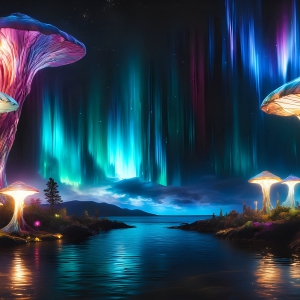 A vibrant and detailed fantasy photograph of an alien planet. Where every element appears meticulously crafted from iridescent stained glass. From a cave system, dominated by towering crystals, giant bioluminescent mushrooms, in all shapes and sizes, that glow in vibrant iridescent colors. A stream of iridescent blue water, flows down the center of the cave from a waterfall, off in the distance. The alien flora, vibrantly colored, attracting alien insects, like nothing you've ever seen. Glow worms hang down from the ceiling, emitting the entire spectrum of the rainbow in colors, they seem to dance and blend as if they are connected. Outside the cave system, the sky shimmers with a breathtaking aurora borealis that fills the sky, creating a cosmic spectacle of galaxies, nebulae, and radiant starlight, in this nighttime landscape.