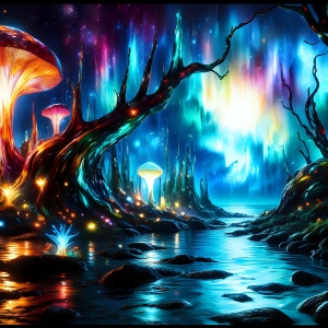 A vibrant and detailed fantasy photograph of an alien planet. Where every element appears meticulously crafted from iridescent stained glass. From a cave system, dominated by towering crystals, giant bioluminescent mushrooms, in all shapes and sizes, that glow in vibrant iridescent colors. A stream of iridescent blue water, flows down the center of the cave from a waterfall, off in the distance. The alien flora, vibrantly colored, attracting alien insects, like nothing you've ever seen. Glow worms hang down from the ceiling, emitting the entire spectrum of the rainbow in colors, they seem to dance and blend as if they are connected. Outside the cave system, the sky shimmers with a breathtaking aurora borealis that fills the sky, creating a cosmic spectacle of galaxies, nebulae, and radiant starlight, in this nighttime landscape.