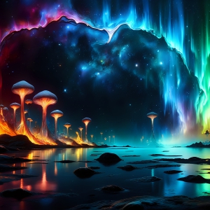 A vibrant and detailed fantasy photograph of an alien planet. Where every element appears meticulously crafted from iridescent stained glass. From a cave system, dominated by towering crystals, giant bioluminescent mushrooms, in all shapes and sizes, that glow in vibrant iridescent colors. A stream of iridescent blue water, flows down the center of the cave from a waterfall, off in the distance. The alien flora, vibrantly colored, attracting alien insects, like nothing you've ever seen. Glow worms hang down from the ceiling, emitting the entire spectrum of the rainbow in colors, they seem to dance and blend as if they are connected. Outside the cave system, the sky shimmers with a breathtaking aurora borealis that fills the sky, creating a cosmic spectacle of galaxies, nebulae, and radiant starlight, in this nighttime landscape.