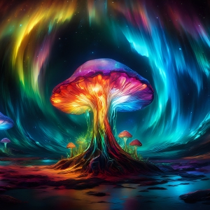 A vibrant and detailed fantasy photograph of an alien planet. Where every element appears meticulously crafted from iridescent stained glass. From a cave system, dominated by towering crystals, giant bioluminescent mushrooms, in all shapes and sizes, that glow in vibrant iridescent colors. A stream of iridescent blue water, flows down the center of the cave from a waterfall, off in the distance. The alien flora, vibrantly colored, attracting alien insects, like nothing you've ever seen. Glow worms hang down from the ceiling, emitting the entire spectrum of the rainbow in colors, they seem to dance and blend as if they are connected. Outside the cave system, the sky shimmers with a breathtaking aurora borealis that fills the sky, creating a cosmic spectacle of galaxies, nebulae, and radiant starlight, in this nighttime landscape.