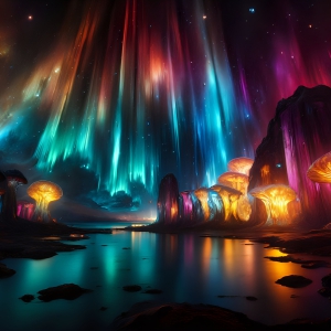 A vibrant and detailed fantasy photograph of an alien planet. Where every element appears meticulously crafted from iridescent stained glass. From a cave system, dominated by towering crystals, giant bioluminescent mushrooms, in all shapes and sizes, that glow in vibrant iridescent colors. A stream of iridescent blue water, flows down the center of the cave from a waterfall, off in the distance. The alien flora, vibrantly colored, attracting alien insects, like nothing you've ever seen. Glow worms hang down from the ceiling, emitting the entire spectrum of the rainbow in colors, they seem to dance and blend as if they are connected. Outside the cave system, the sky shimmers with a breathtaking aurora borealis that fills the sky, creating a cosmic spectacle of galaxies, nebulae, and radiant starlight, in this nighttime landscape.